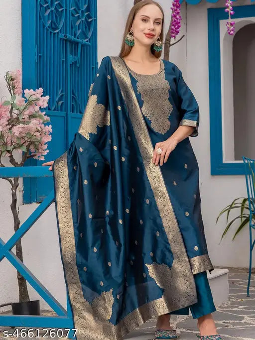 Teal Colour Polyester Blend Kurta With Bottom & Banarasi Silk Dupatta Set