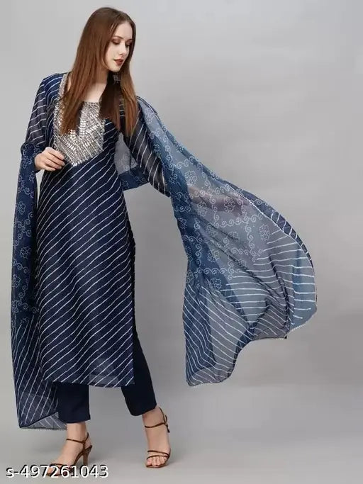 VSS_ PRINTED LEHERIYA BLUE KURTA WITH DUPATTA AND BOTTOMWEAR