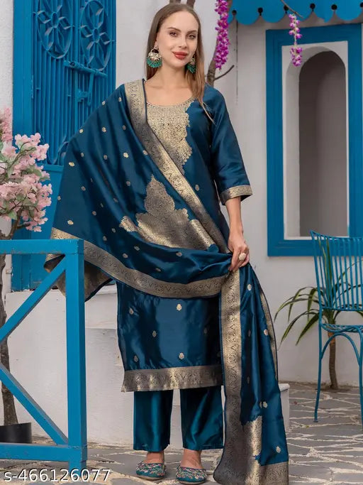 Teal Colour Polyester Blend Kurta With Bottom & Banarasi Silk Dupatta Set